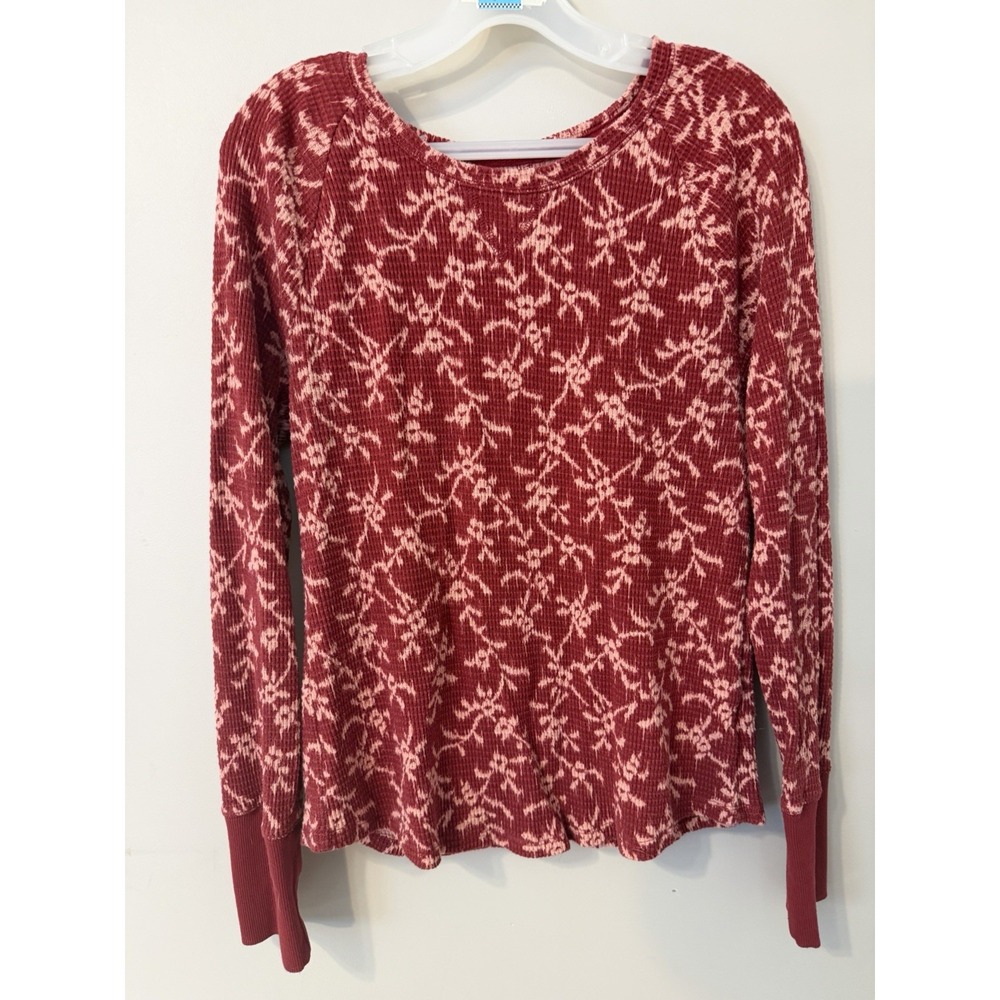 Knox Rose Womens Thermal Shirt Burgandy Floral Waffle Weave Knit Cottagecore (M)
